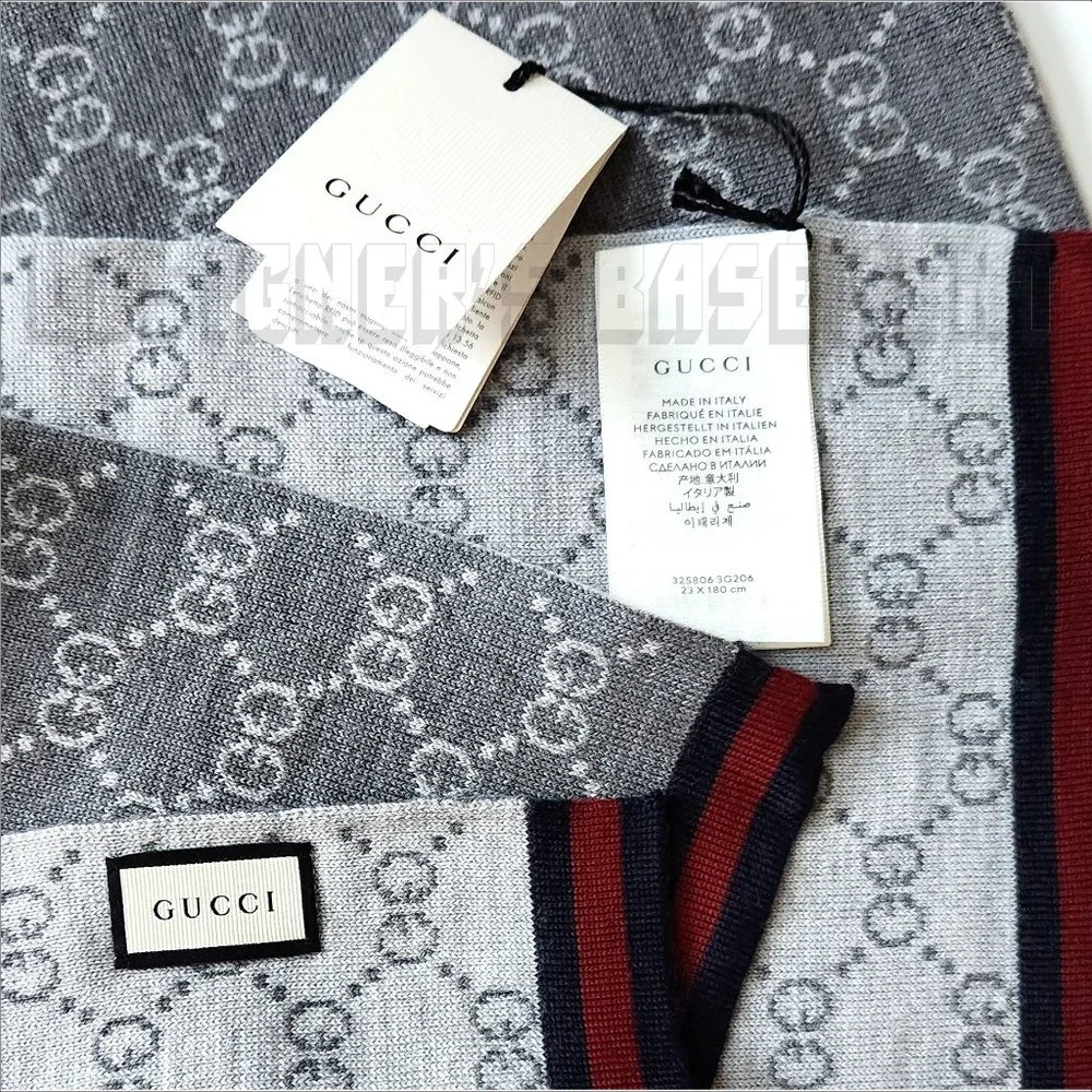 GUCCI gray & white SOLANGE Original GG red & blue WEB wool reversible long scarf